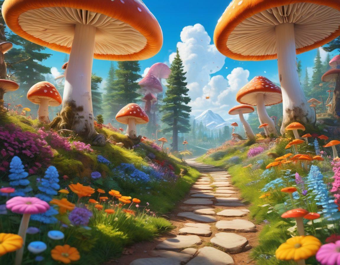 A vibrant and colorful landscape filled with playful characters like laughing animals and dancing flowers, all under a bright sun that radiates joy. In the foreground, a whimsical path winds through a forest of oversized mushrooms and cheerful trees, inviting viewers to join the fun. Bubbles float in the air, capturing the essence of laughter and lightheartedness. Add a blue sky sprinkled with fluffy clouds for an uplifting atmosphere. cartoon-style. bold colors. cheerful vibe.