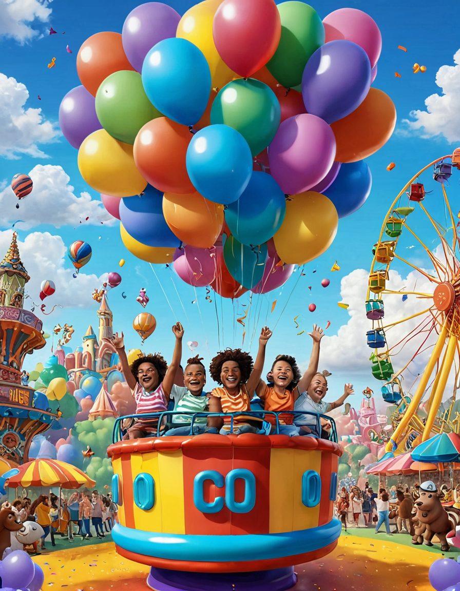 A whimsical scene depicting a group of diverse friends embracing joy on a colorful amusement park ride, laughter and excitement captured on their faces. Bright balloons and confetti float in the air, while cartoonish animals engage in playful antics nearby. Elements of fantasy, like a rainbow-colored sky and a giant cupcake-shaped cloud, add to the zany atmosphere. The composition exudes vibrant energy, inviting viewers to experience happiness through adventure. vibrant colors. cartoon style. 3D.