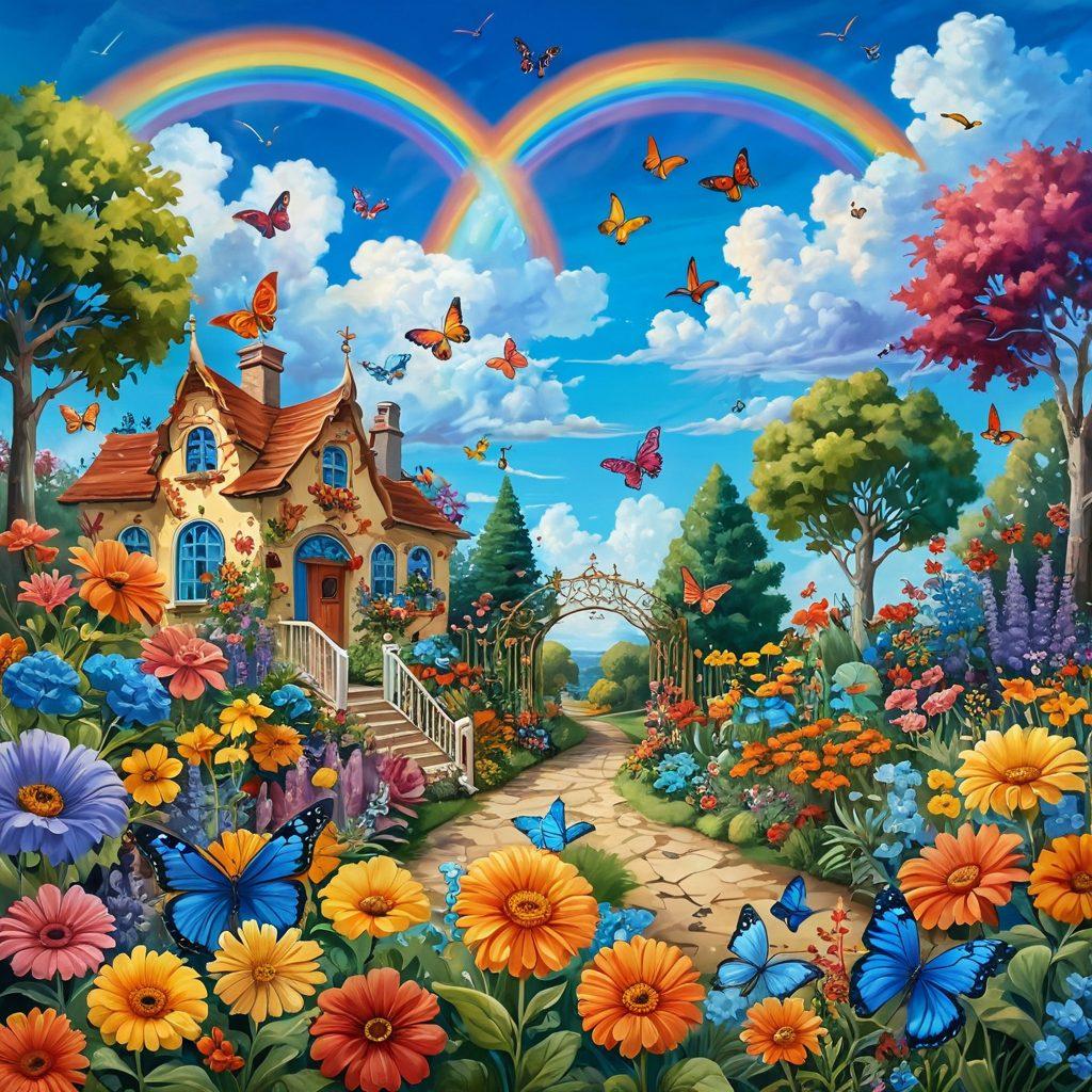 A vibrant, whimsical scene depicting a colorful garden filled with oversized flowers, playful butterflies, and people engaging in joyful activities like painting and dancing. The sky is a bright blue with fluffy clouds, and a rainbow arches in the background, symbolizing positivity and cheerfulness. Include elements of fantasy like fantastical creatures and playful garden decorations. nostalgic art style. vibrant colors. cheerful atmosphere.